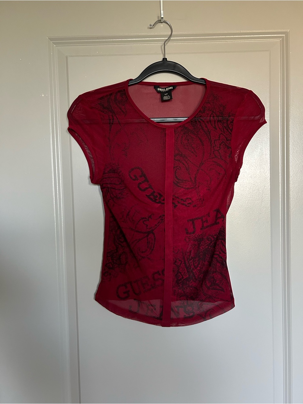 Vintage Guess Jeans Women’s Sheer Mesh Red Logo Tee